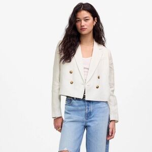 Madewell Women's Double-Breasted Crop Blazer in 100% Linen Salt White Size 4 NEW